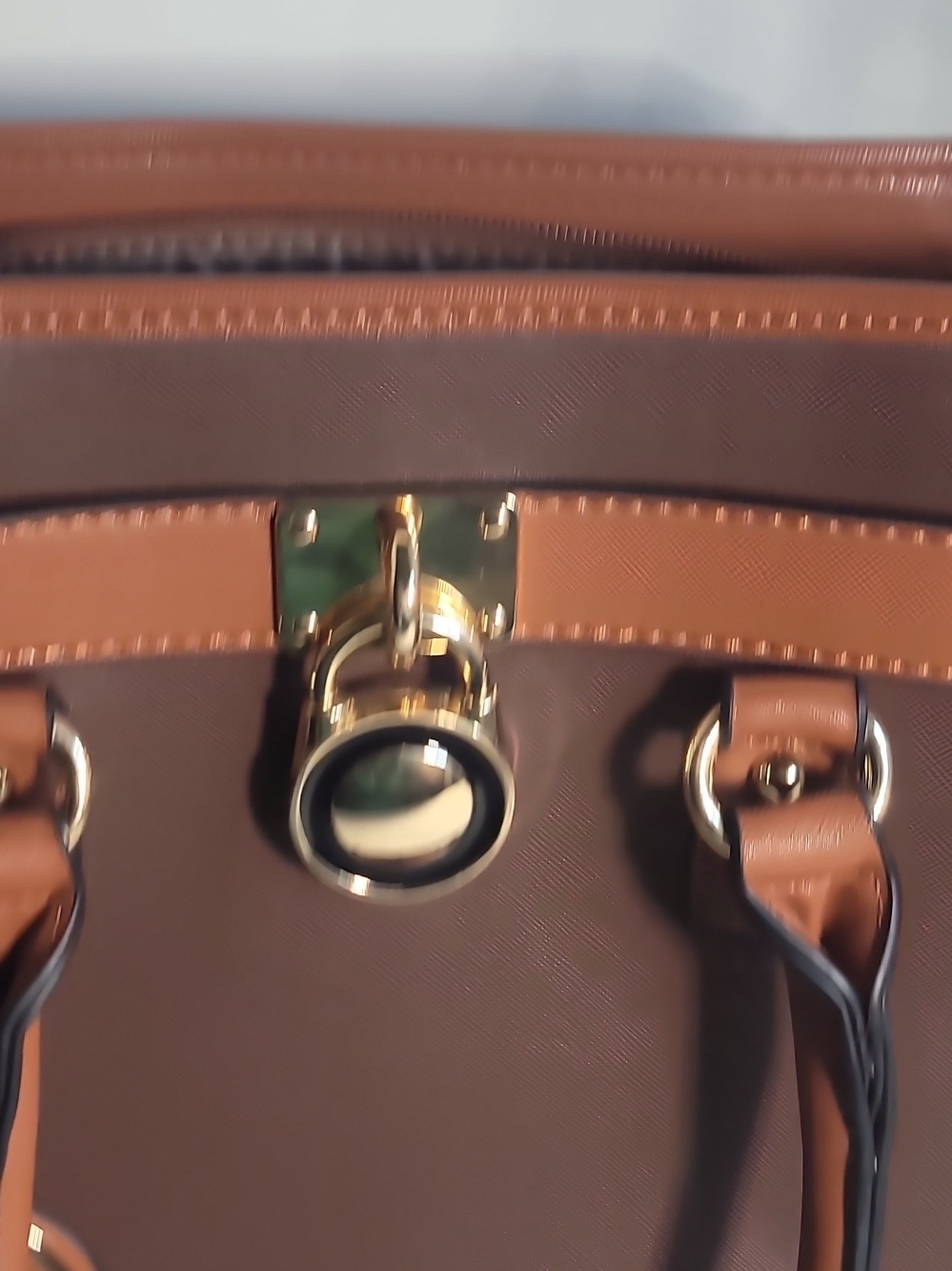 Brown Two-Tone Satchel Handbag with Gold Hardware - Picture 6 of 8